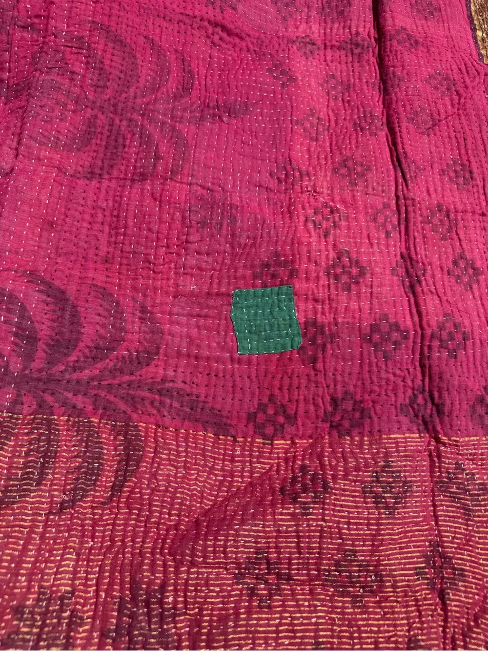 Vintage Kantha Quilt Hot Pink Gold Reversible Indian Hand Stitched Throw